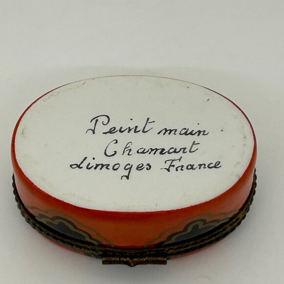 Limoges Oval Trinket Box Handprinted in France Brass Accents Orange-Black Design - Picture 15 of 16